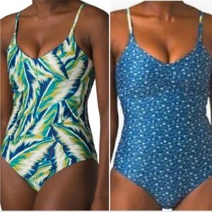 Prana Jess Reversible Tropic Panama Blue and Green Leaf Print Swimsuit sz small